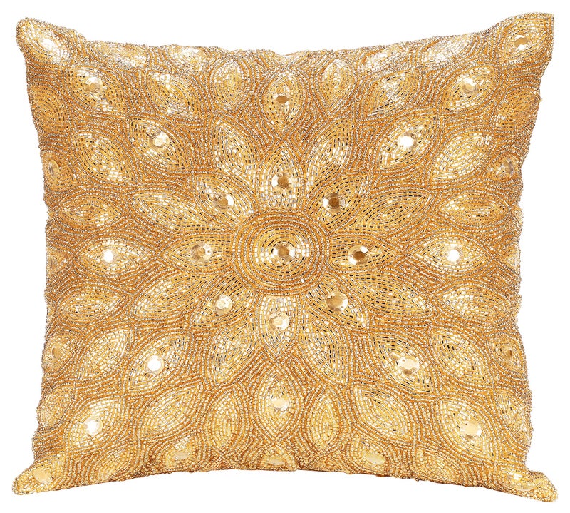 Light & Pro Lightnpro Gold Hand-Beaded Pillow Cover - 12x12 Inch, Handmade by Skilled Artisans - A Beautiful and Elegant Decorative Accent for Couch, Sofa, and Bed - Cover Only (2 Pack) - Image 4